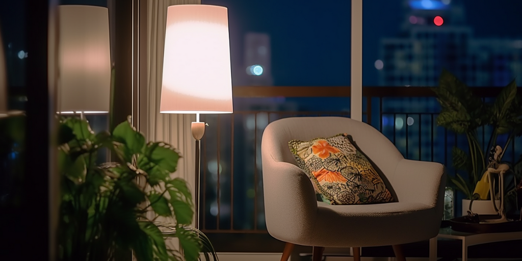 Image showcasing Best Renovation Singapore Trend #3 for HDB balconies: playing with lighting for a welcoming ambiance. Featured is an ambient floor lamp, casting a soft, diffused light across the balcony space, creating a warm, relaxing atmosphere while adding a stylish lighting element to the decor.