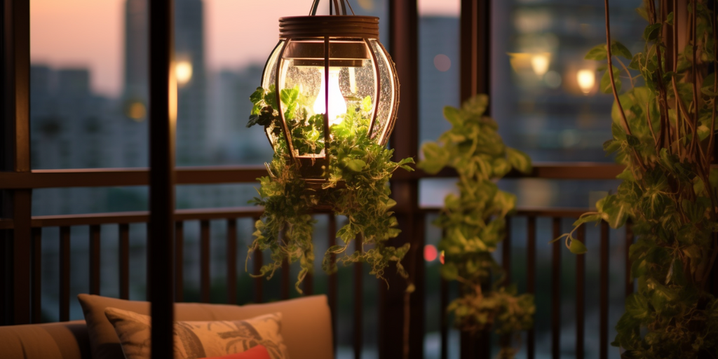 Image demonstrating Best Renovation Singapore Trend #3 for HDB balconies: playing with lighting for a welcoming ambiance. The picture features a stylish pendant light hanging in the balcony space, casting a soft, warm light that contributes to a cozy, inviting atmosphere while adding a decorative element to the overall aesthetic.