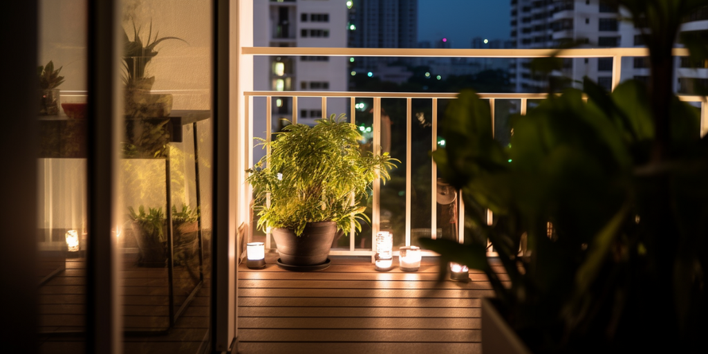 Image illustrating Best Renovation Singapore Trend #3 for HDB balconies: playing with lighting for a welcoming ambiance. Featured are solar-powered path lights, strategically placed to guide movement and enhance safety, while adding to the warm, inviting ambiance of the balcony during evening hours, showcasing the integration of sustainability and aesthetics.