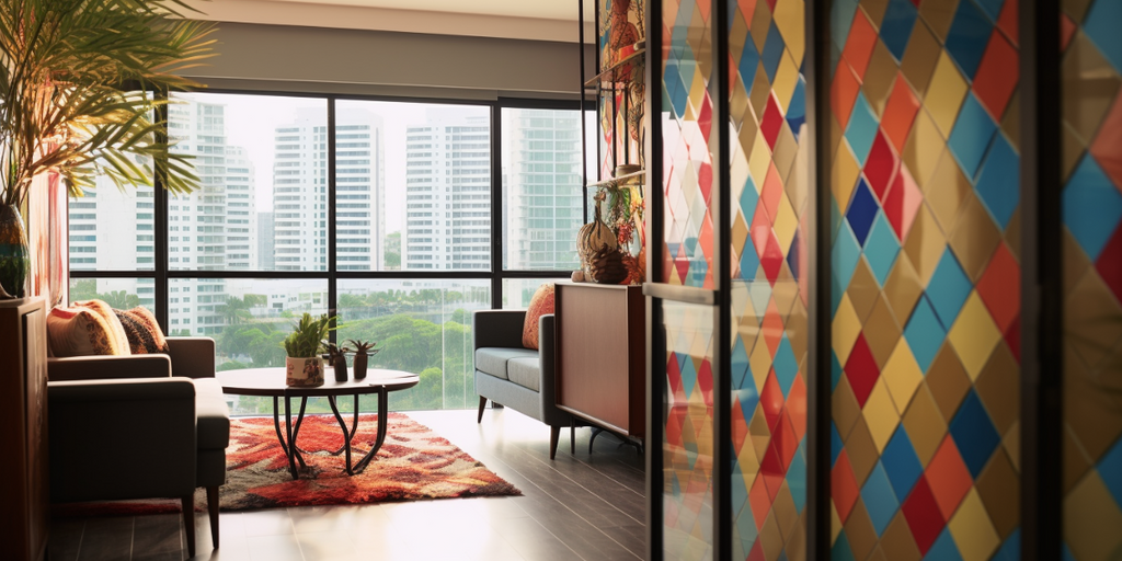 Image illustrating Best Renovation Singapore Trend #4 for HDB balconies: experimenting with bold colours and patterns. Displayed is a door with a unique pattern, introducing an unexpected focal point that brings a vibrant pop of design to the balcony space, demonstrating the incorporation of everyday elements as part of the artistic expression.