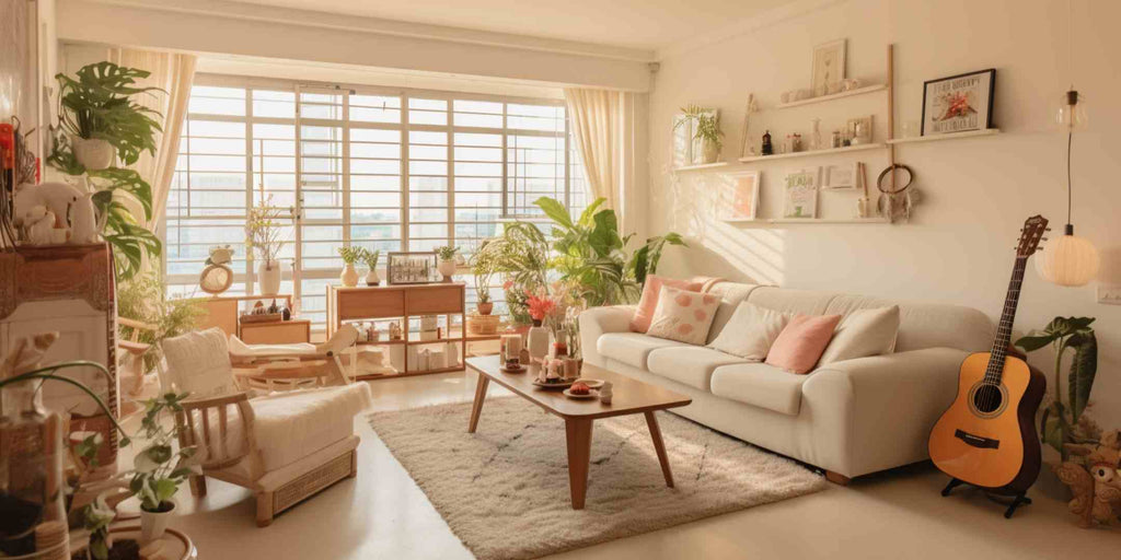 Image showcasing one of the best vintage and modern chic home makeovers in Singapore, featuring 'The Chic Shabby Apartment' theme in a living room. Showcases a stunning transformation that blends vintage charm with modern chic elements. The room exhibits distressed furniture, delicate floral patterns, and soft pastel hues, creating a romantic and inviting atmosphere. This makeover exemplifies the perfect balance between vintage elegance and contemporary sophistication, resulting in a chic and cosy living room space.