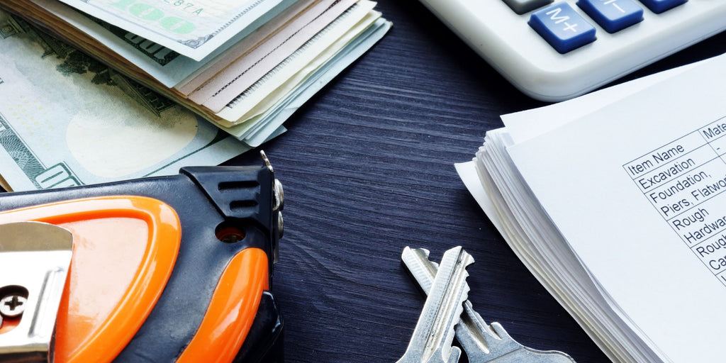 Image featuring a measuring tape, calculator, home key, and money, with the title 'Budgeting for Your Industrial-Style 2-Bedroom HDB Flat Renovation.' The image visually represents the importance of careful financial planning and cost estimation in a renovation project.