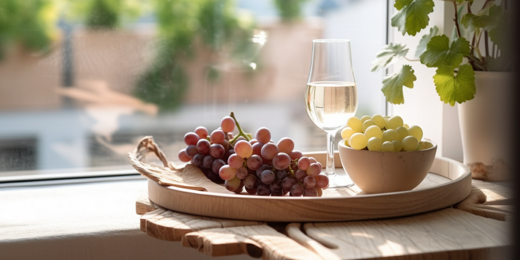 Elevate Your Balcony with furniture made from sustainable materials. In the foreground, a table made of repurposed wood is set with a vibrant fruit platter, exemplifying the fusion of sustainability and style in creating an elevated outdoor space.