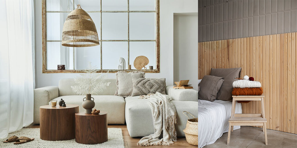 An image showcasing various eco-friendly materials such as reclaimed wood, organic cotton, and bamboo products that are often chosen in Scandinavian interior design, symbolizing the design's emphasis on sustainability and respect for the environment.