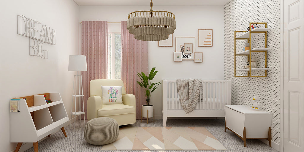 An image of a beautifully designed nursery room featuring a light color scheme, typical of Scandinavian interior design. The room has white walls, light wood floors, and neutral-colored furniture, creating a bright and airy ambiance that reflects the Nordic principle of maximizing natural light.