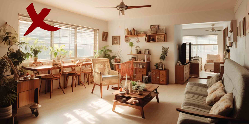 Image displaying an HDB flat interior overwhelmed with too many patterns, textures, and materials. The space serves as an example of common layering mistakes in home interior design, demonstrating the negative impact of mismatched patterns, an excess of different materials, and a lack of harmony between layers on the overall aesthetic of a space