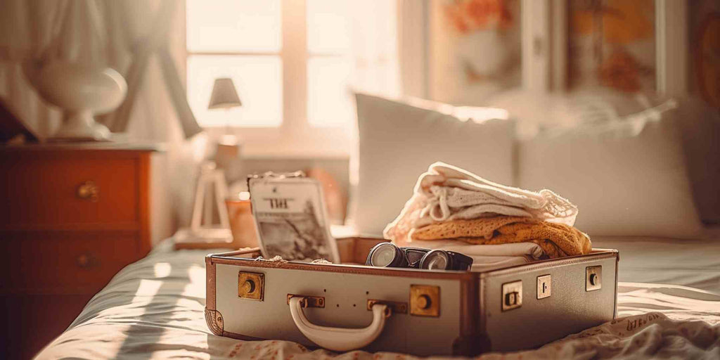 Image displaying a vintage suitcase filled with various memorabilia, accompanying the title 'Creating a Renovation Plan that Captures Your Unique Memories - Choose Your Touchstones.' This image illustrates how personal keepsakes can be incorporated into the design of a home, creating unique memory points and enhancing the character of the space