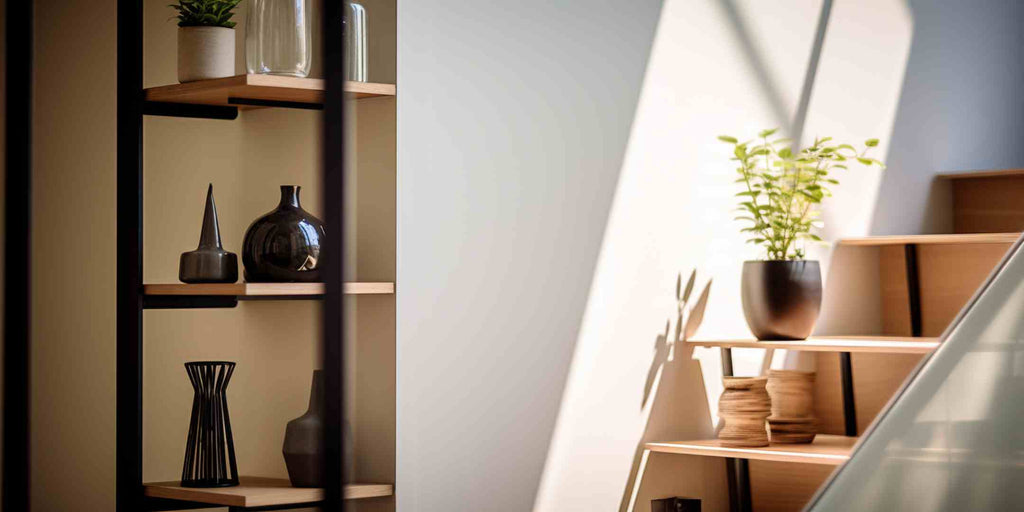 Image illustrating a clever maisonette renovation idea that capitalises on corner spaces. The corner has been transformed into a functional and stylish storage area with vertical open shelves, demonstrating an excellent use of an often overlooked space.