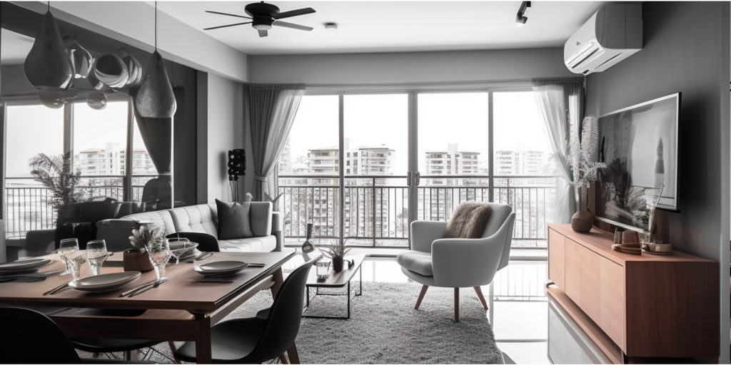 Descendants of the Sun inspired Urban Chic modern house interior design for an HDB flat, showcasing a sleek living area with industrial elements and stylish decor