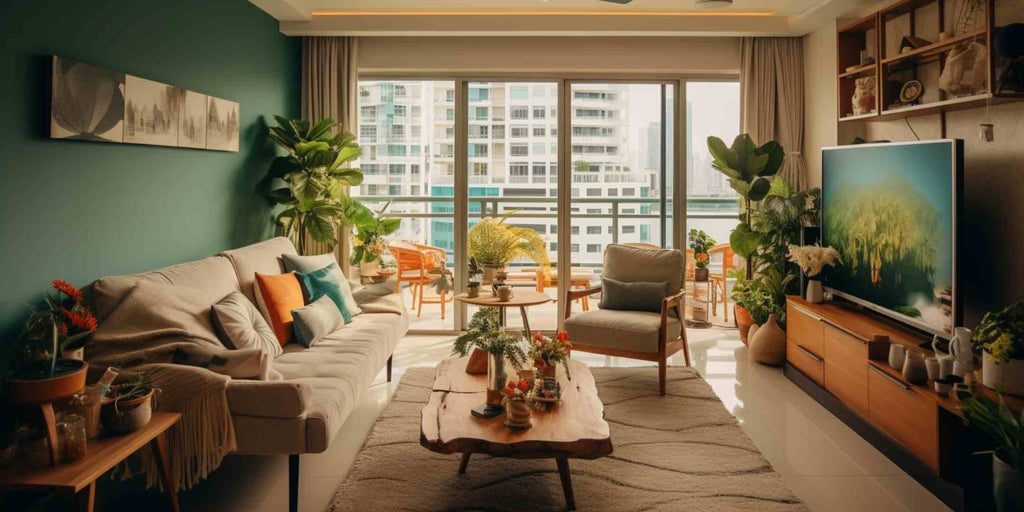 Image showing a maximalist design concept for HDB Jumbo renovation; the living room is filled with bold patterns, rich colours, and eclectic décor that layer together for an opulent, personal, and expressive interior.