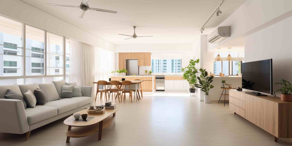 Image depicting an open concept layout for HDB Jumbo renovation, showing a spacious, free-flowing area combining the living room, dining area, and kitchen, creating an illusion of a larger, more inclusive space.