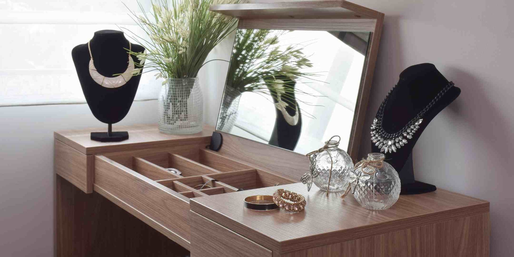 Dressing Table, Mirror, and Storage Compartments