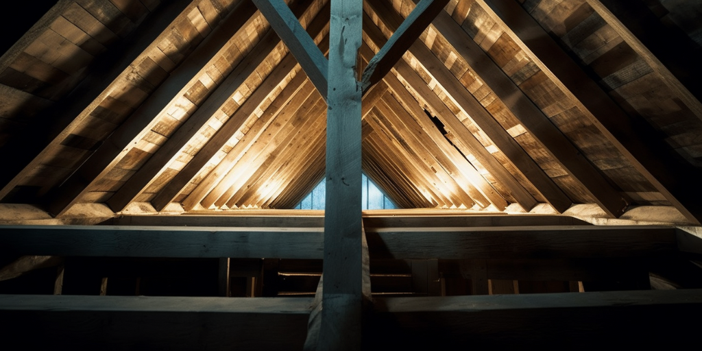 A view of a roof structure from the inside, showing the complex trusses and beams, symbolizing an important element of a home's structure that needs careful consideration during renovation processes.