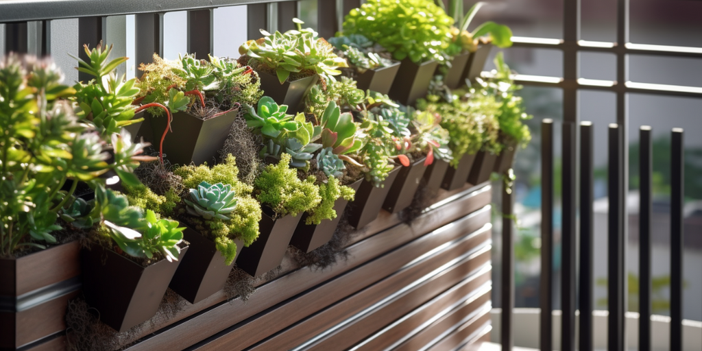 Elevate Your Balcony with a Skyward Garden of succulents. The vertical garden structure reaches upwards, providing an innovative, green backdrop to the balcony seating area.