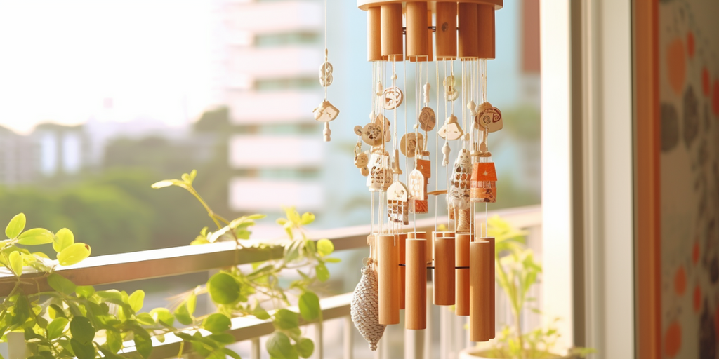 Elevate Your Balcony with Nature-Inspired Accents featuring wind chimes hanged in the foreground,adding a whimsical, audible element that interacts with the breeze, further emphasizing the outdoor, natural theme of the space.