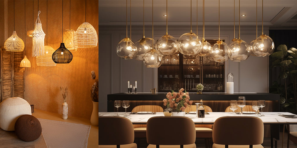 Close-up of energy-efficient light bulbs fitted in stylish chandeliers, illustrating the Scandinavian interior design element of combining aesthetics with environmental consciousness. This not only reduces energy consumption but also adds a warm and cozy ambiance to the space, consistent with the Nordic principle of 'hygge
