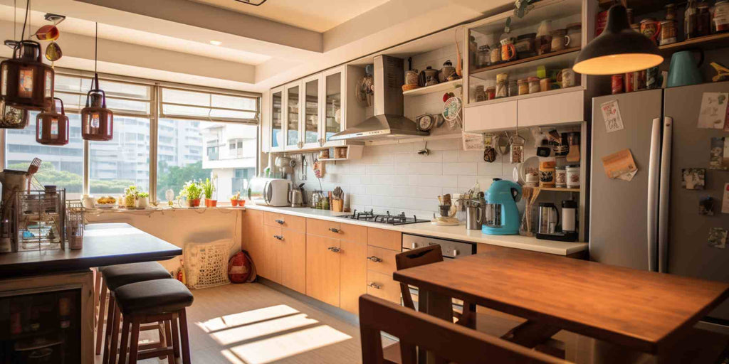 Image presenting an eclectic kitchen design in a Singapore home, skillfully blending vintage and modern elements; old-world charm meets contemporary functionality with vintage decor accents amidst modern appliances, achieving the perfect eclectic mix.