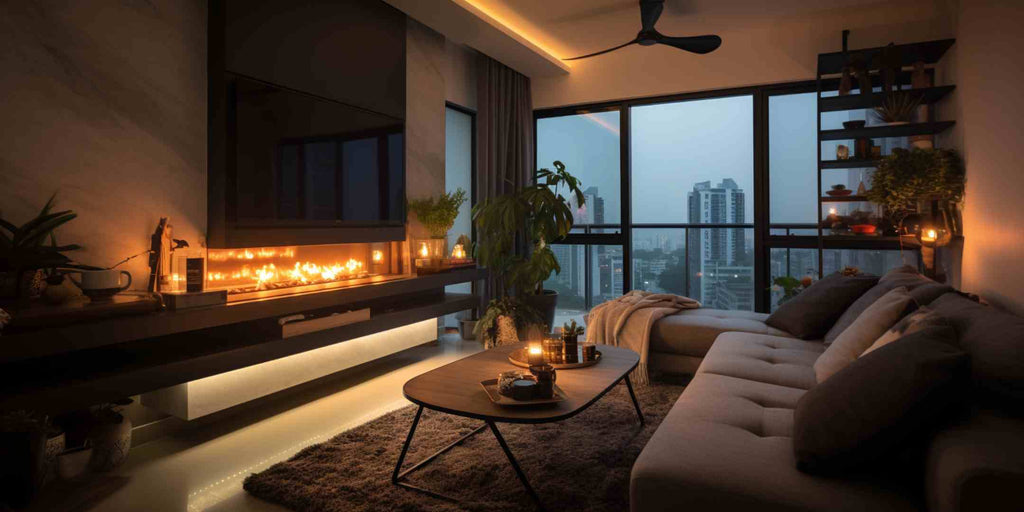 Image depicting a modern industrial-style HDB living room designed with Feng Shui techniques for optimising lighting and airflow.