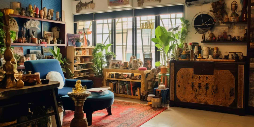 Image showcasing an interior adorned with various antique collections, under the title 'Final Renovation Step: Living with Maximalism and Embracing Changes.' This visual demonstrates living with maximalism.