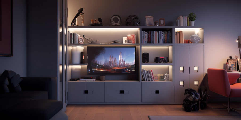 Furniture Recommendations from Megafurniture for Your Gaming Love Nest Renovation SG featuring storage cabinet and tv console combo, providing ample space for game storage, gaming consoles, and a large flat-screen TV, emphasizing functionality and style.