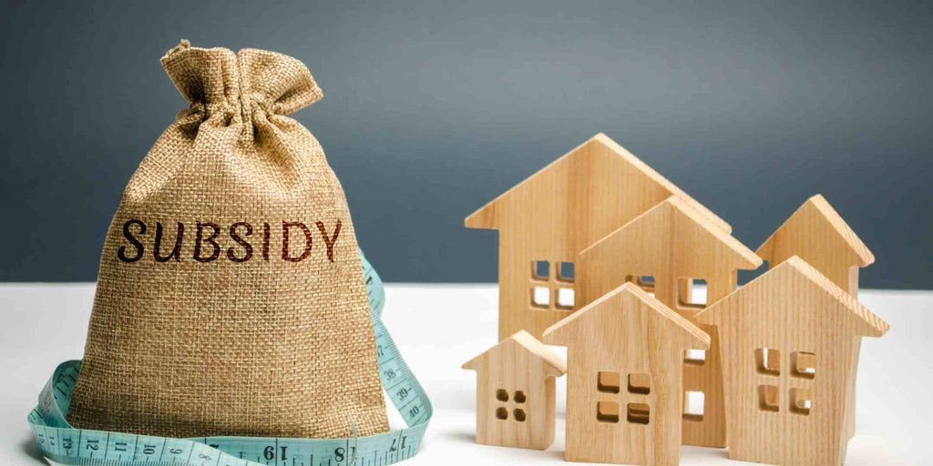 Image of a bag labelled 'subsidy' next to miniature house models, illustrating the concept of government grants and subsidies available for Housing and Development Board (HDB) renovations in Singapore. This visual metaphor represents financial aid options that can help homeowners manage their renovation costs effectively.