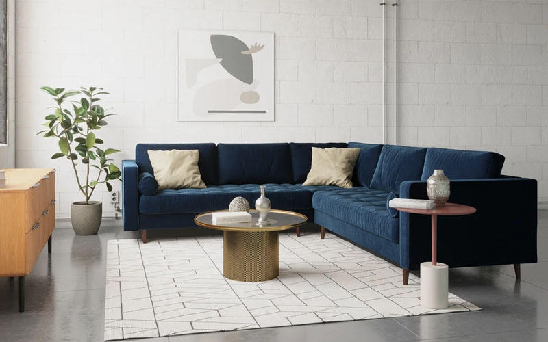 Ashla Blue Velvet Fabric Sectional Sofa