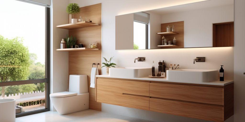 HDB bathroom with wooden vanity