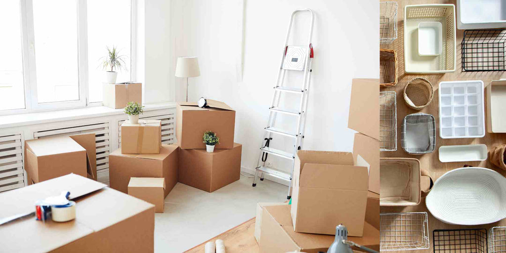 A split image illustrating a space optimisation technique for HDB Executive Maisonette renovations: decluttering. One side of the image shows the decluttering process, and the other displays a variety of storage bins that are used in the decluttering process, resulting in a tidy, organised space.