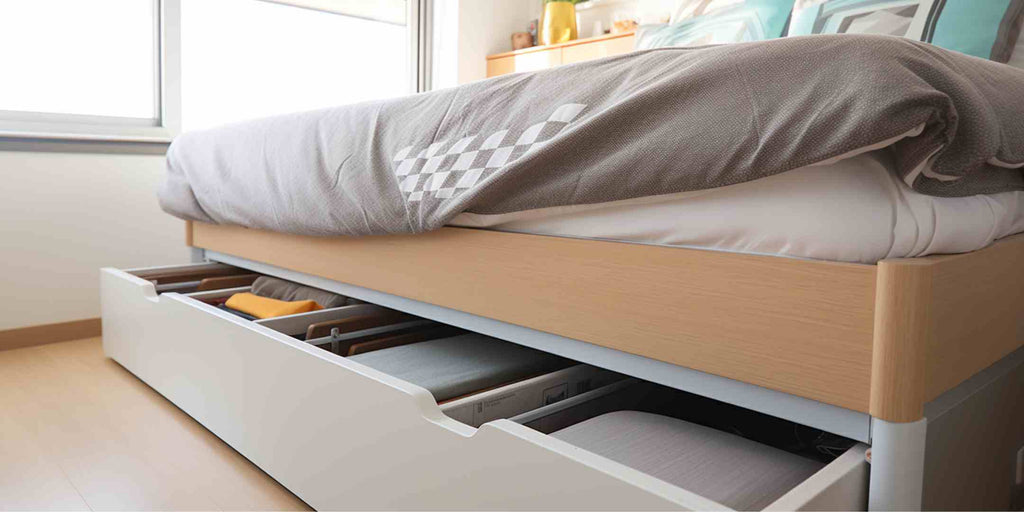 Image showcasing a space optimisation technique for HDB Executive Maisonette renovations, featuring multi-functional furniture. It shows a bed with built-in storage, which is an effective way to maximise space usage and keep the room tidy and organised.