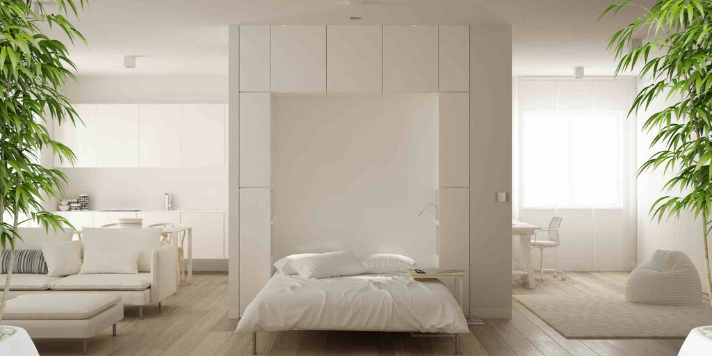 Image presenting home renovation ideas for small spaces, emphasizing the use of flexible furniture, specifically a Murphy bed. Showcases a Murphy bed that can be easily folded up and concealed during the day, maximizing the available space and allowing the room to serve multiple functions. This versatile furniture piece enables small spaces to be adaptable and functional without compromising on style.