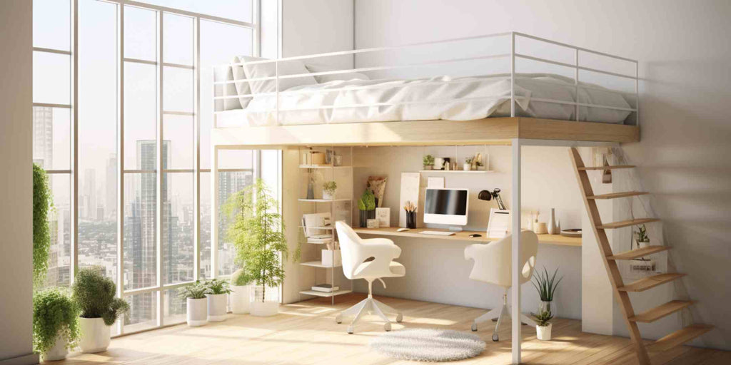 Image presenting home renovation ideas for small spaces with a loft-style living concept. Showcases a loft bed design with an office space cleverly positioned beneath it, utilizing vertical space efficiently. This setup creates a multifunctional area that combines sleep and work functionalities, making the most out of limited space.