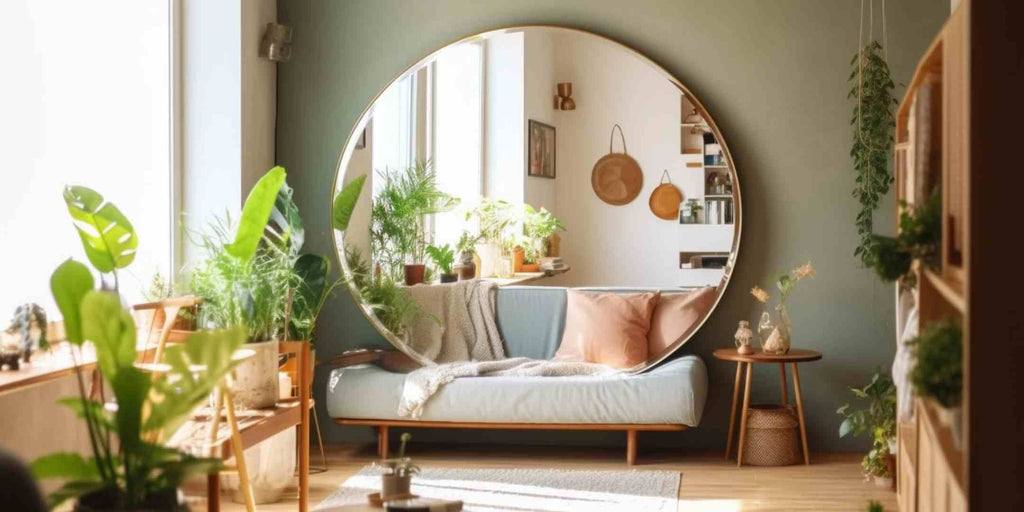 Image featuring a large round mirror placed strategically in a living room, creating a visual illusion of increased space. This photo is part of a series showcasing home renovation techniques from Singapore's leading interior design firms. It highlights the effective use of mirrors as a design trick to make rooms appear larger and more open.