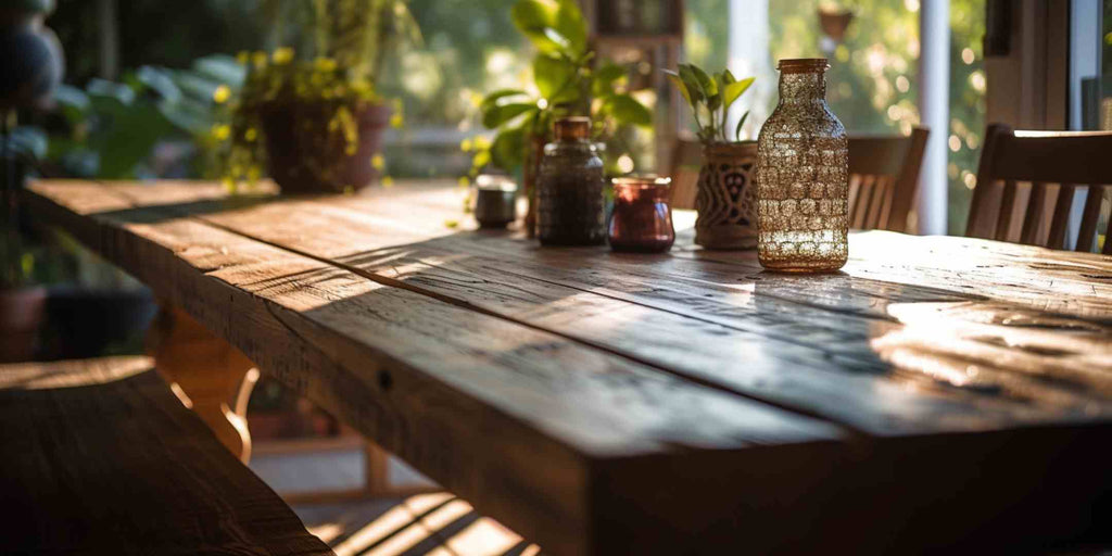Image of a rustic wooden dining table, signifying the importance of prioritising durable and long-lasting materials in home renovation. This photo is part of a series sharing home renovation techniques from Singapore's top interior design firms, underscoring the value of investing in high-quality, durable materials for sustainability and long-term use.