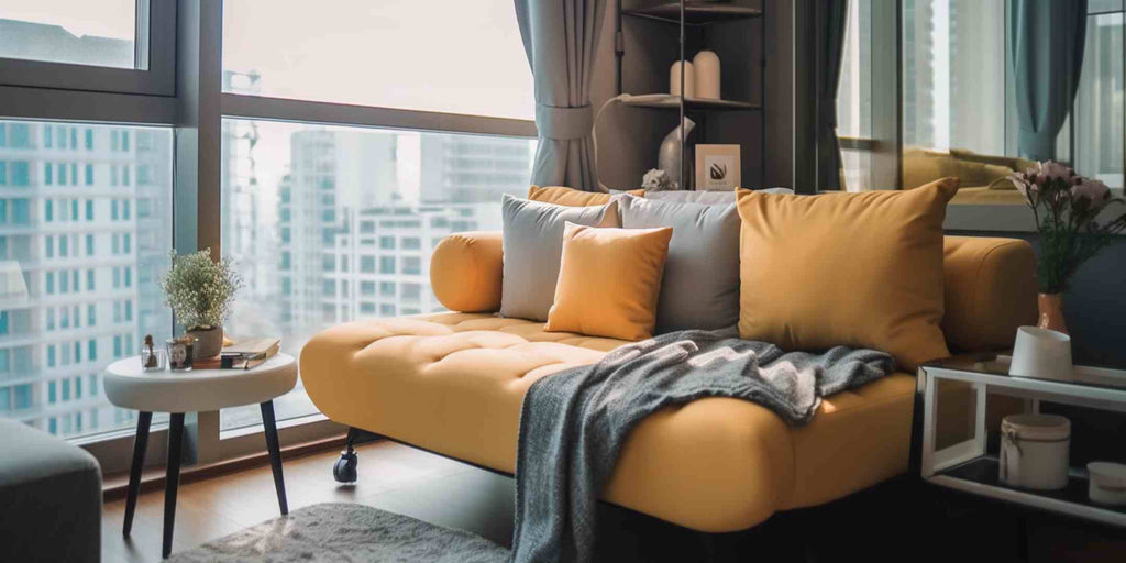 An image showcasing a stylish and modern sofa bed in a stylish living space, demonstrating the functionality and aesthetic appeal of multi-functional furniture. This is part of a series unveiling home renovation techniques from Singapore's leading interior design firms, emphasizing how investing in such versatile pieces can significantly enhance the functionality and aesthetic appeal of a room.