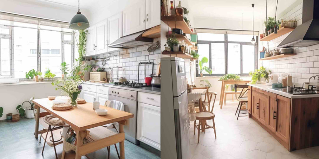 Split image showcasing a before and after transformation of a baker's kitchen in a HDB (Housing Development Board) flat, illustrating how a well-planned renovation order can facilitate a seamless transformation.