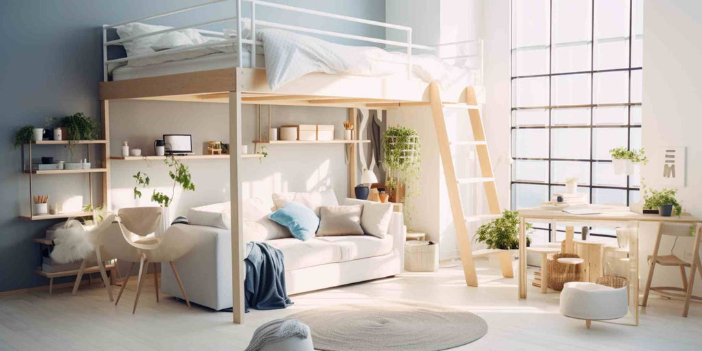 A compact condo interior showcasing a savvy space-saving renovation with a loft bed.