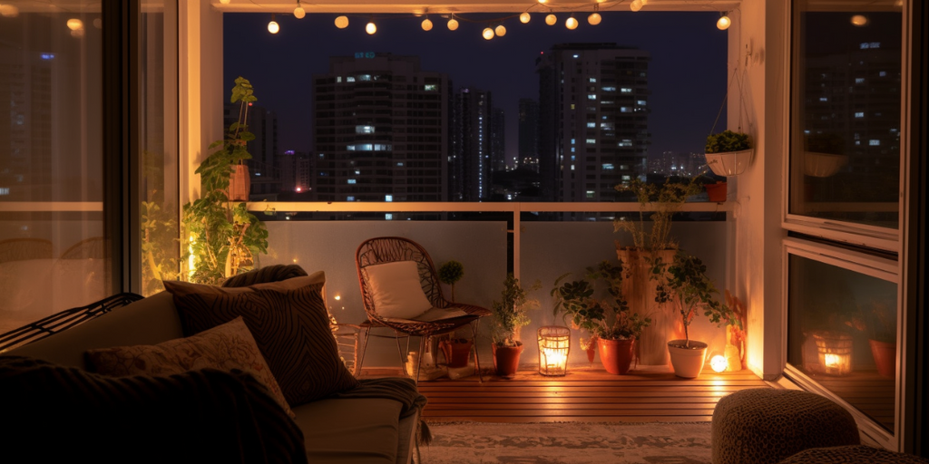 Elevate Your Balcony with outdoor lighting such as string lights draped overhead and accent lights highlighting key areas, creating a warm, inviting ambiance that elevates the overall aesthetics and functionality of the balcony during evening hours.