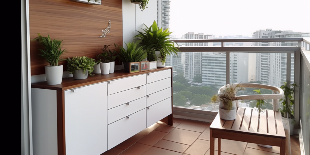 Image presenting Best Renovation Singapore Trend #2 for HDB balconies: incorporating multipurpose and flexible furniture. Featured is a white customised cabinet, designed to offer ample storage in a compact balcony space while blending seamlessly with the overall aesthetic, showcasing the blend of functionality and design.