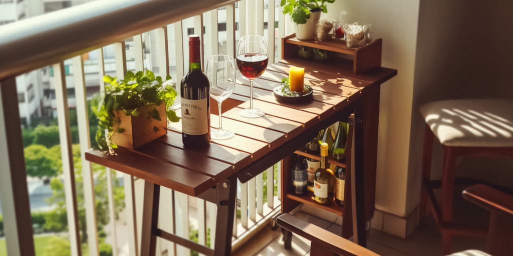 Image illustrating Best Renovation Singapore Trend #2 for HDB balconies: using multipurpose and flexible furniture. The picture showcases a compact open bar set-up that ingeniously combines wine storage and a small table, demonstrating an effective use of space while adding a touch of luxury to the balcony