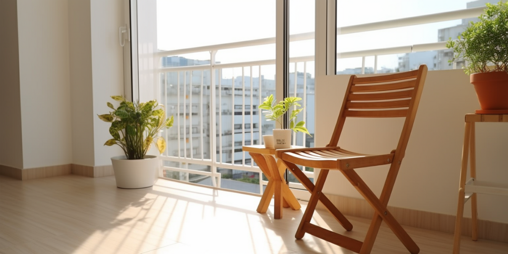 Image illustrating Best Renovation Singapore Trend #2 for HDB balconies: the use of multipurpose and flexible furniture. Featured is a sleek, wooden, foldable chair, exemplifying smart furniture choice that allows for easy rearrangement or storage, thus maximizing the functionality and flexibility of the balcony space.