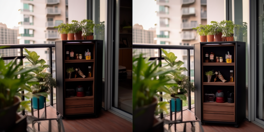 Image representing Best Renovation Singapore Trend #2 for HDB balconies: the use of multipurpose and flexible furniture. The picture features a sleek outdoor storage cabinet, designed to blend with the balcony décor while offering valuable storage space, exemplifying practical style and functionality in balcony design.