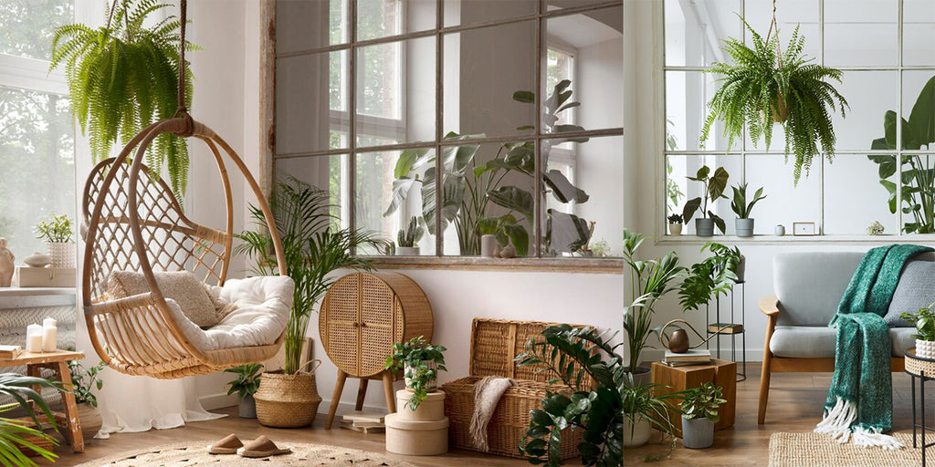 A cosy and nature-infused living space incorporating sustainable practices, embodying the fusion of the Danish concept of Hygge and natural elements in Scandinavian design. The room features energy-efficient lighting, sustainable furniture, and indoor plants, representing a mindful approach to home renovation in Singapore.