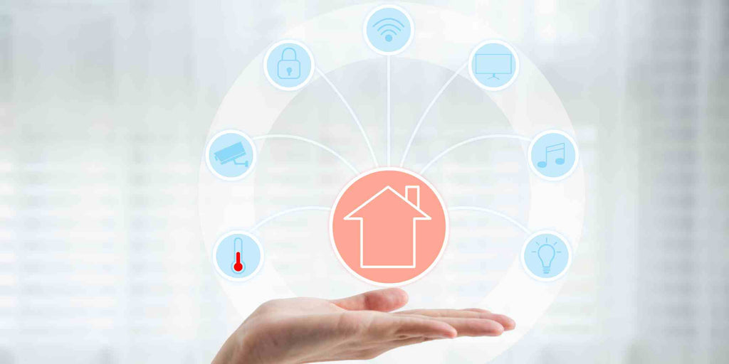 Graphic presenting different smart home solutions as innovations driving the green transition in renovation services. Includes symbols and illustrations of various eco-friendly technologies such as energy-efficient appliances, smart thermostats, and solar panels, emphasizing the growing trend towards sustainable living in Singapore.