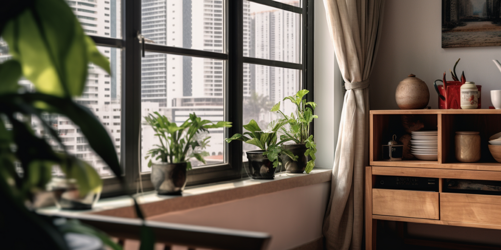 Interior Renovations to Increase Your Home Value:Photo of a well-lit HDB (Housing & Development Board) window adorned with an array of lush, potted plants. The greenery brings a touch of nature into the home, while the window provides ample natural light, creating a refreshing and bright atmosphere.