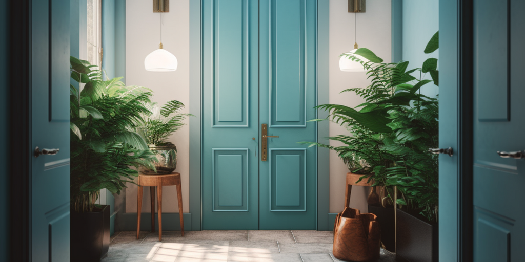 Interior Renovations to Increase Your Home Value:Image of an aesthetically pleasing front door.The door is brightly colored, adding a welcoming touch to the home entrance. It features modern fixtures and a stylish number plate, presenting a positive first impression.