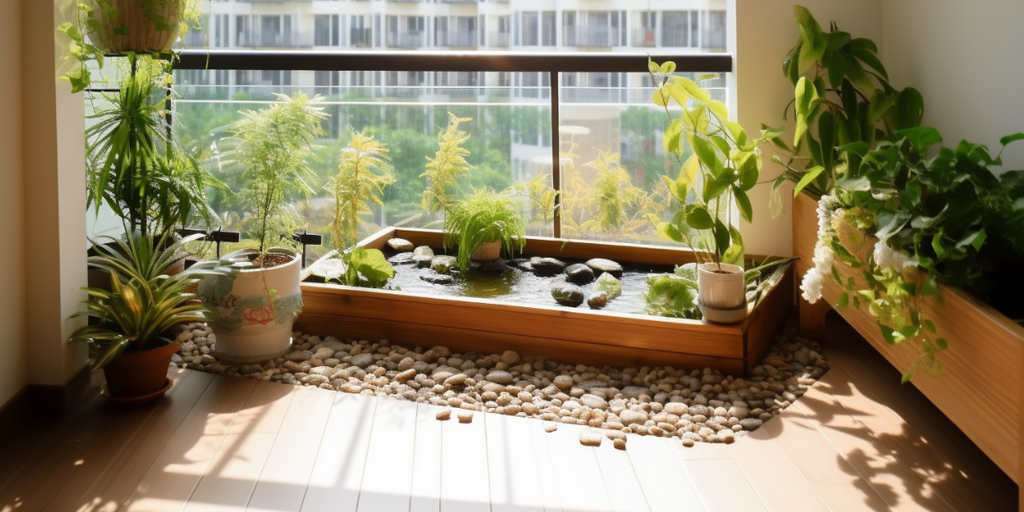 Elevate Your Balcony with petite water element featuring a small pond that contributes to a serene and calming atmosphere, providing a peaceful auditory backdrop and visually refreshing detail to the outdoor space.