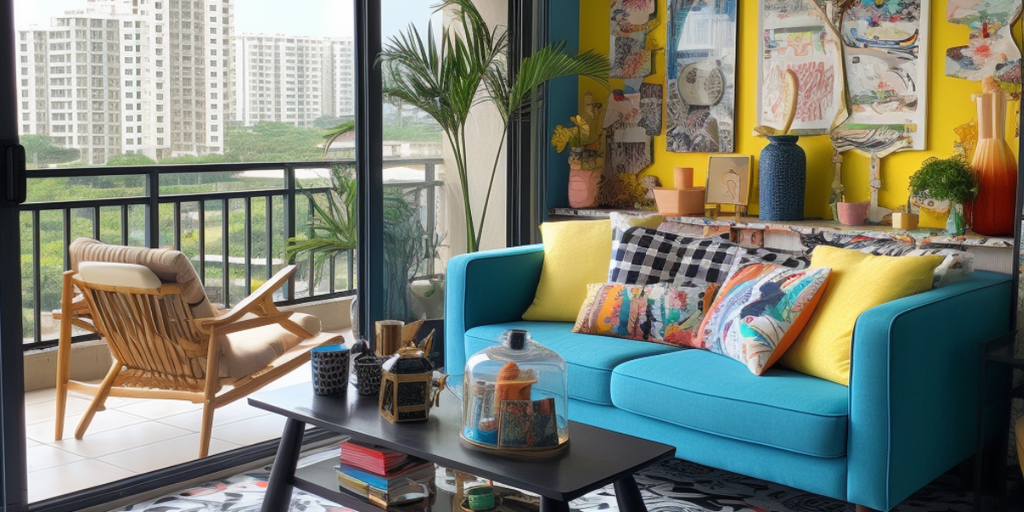 It's Okay Not to Be Okay inspired Eclectic Whimsy modern house interior for an HDB flat, showcasing a vibrant living area with a blend of contemporary and vintage elements