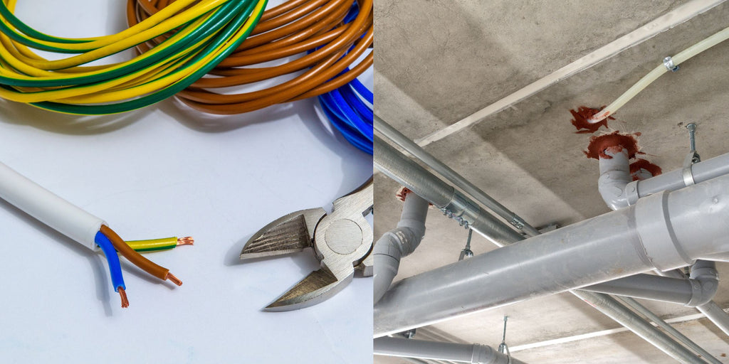 A split image showing electrical wiring and plumbing installations, depicting key structural considerations within HDB flats that homeowners need to be aware of for a safe and compliant home renovation