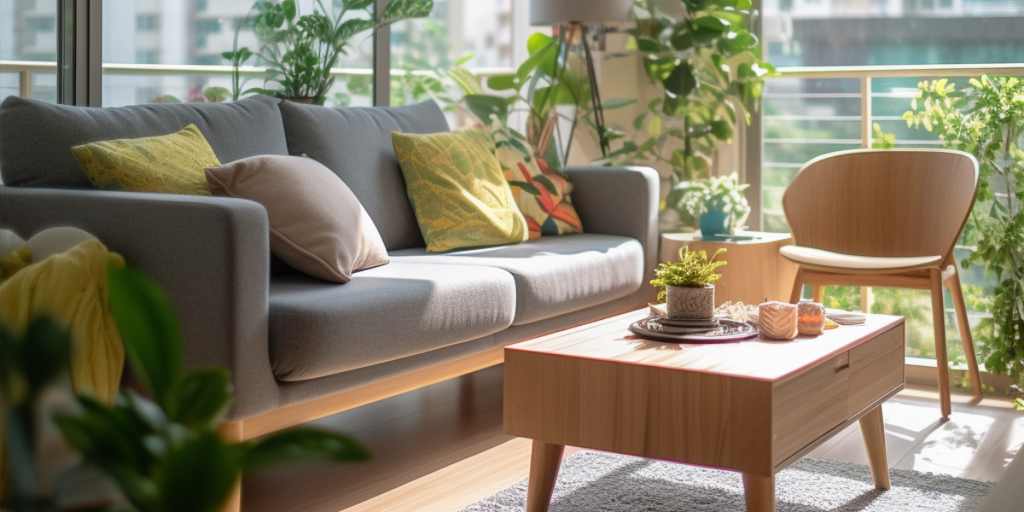 Biophilic design as a key trend in Singapore's HDB BTO Interior Design for 2023, featuring a serene living room with natural materials, indoor plants, green walls, and water features, exuding a sense of calm and tranquility