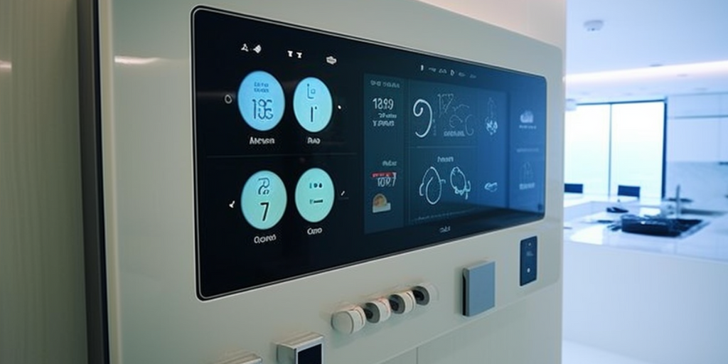 Understanding the average cost of HDB BTO Renovation:Key Trends in Singapore's HDB BTO Interior Design in 2023 featuring  a modern, user-friendly climate control panel in a Singaporean HDB BTO flat, highlighting the trend of smart home technology integration in 2023.The control panel's sleek design and digital interface represent the convenience and energy efficiency of smart home features.